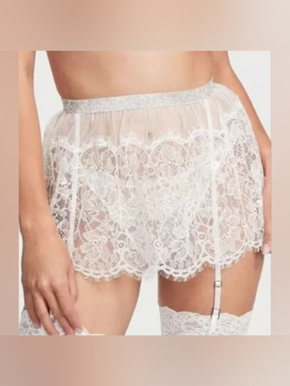 XS/S VS Shine Strap Lace Garter Belt Skirt Coconut White